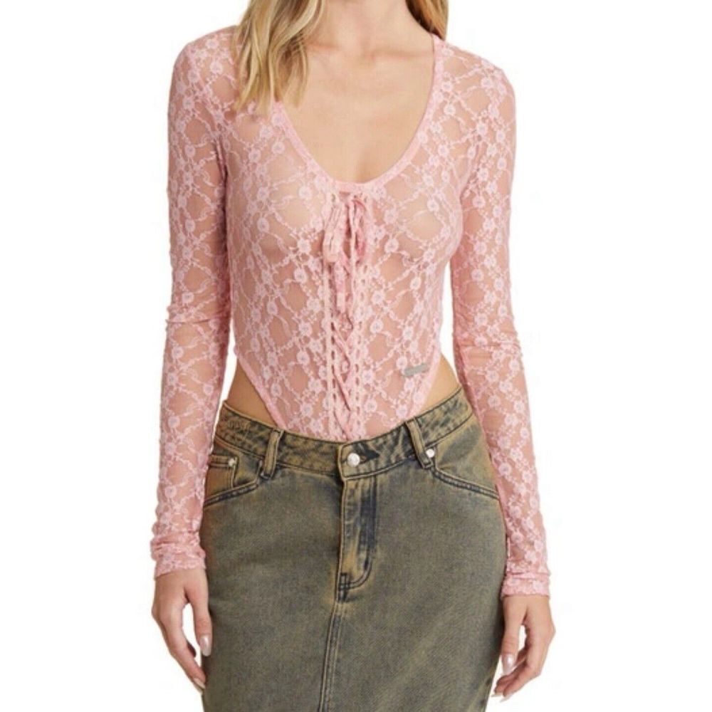 Women's House Of Sunny Love Lace Long Sleeve Bodysuit In Blush Size 8us